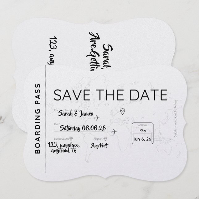 Reserve A Data travel lover save the date boarding pass (Frente/Verso)