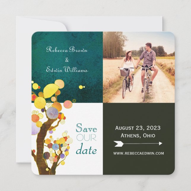 Reserve A Data Trees Whimsical Teal Wedding Foto Salvar Data (Frente)