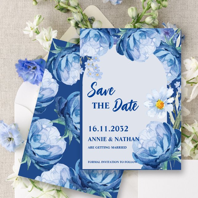 Reserve A Data Trendy Bonito Florais Azuis Casados Salvem a Data (Trendy Pretty Blue Florals Wedding Save the Date Invitation)