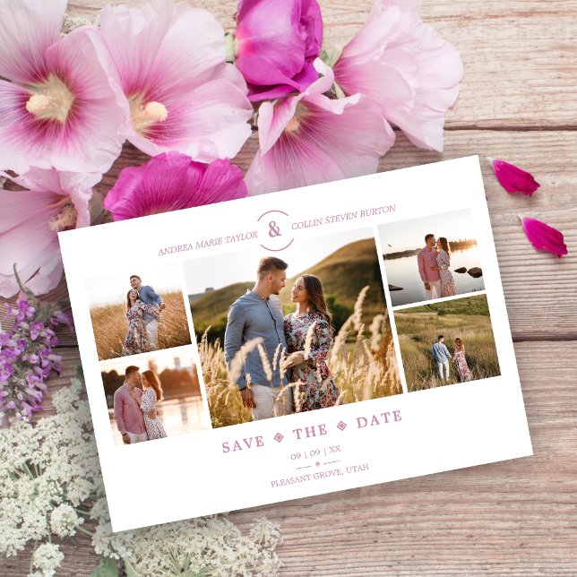 Reserve A Data Trendy Minimal Pink/White 5 Multi Photos Collage (Trendy Minimalist Pink/White 5 Multi Photos Collage Wedding Downloadable Save the Date)