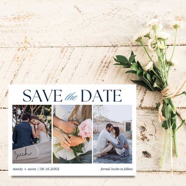 Reserve A Data Três Fotos de Casamento Elegantes (Elegant Three Photo Wedding Save The Date)