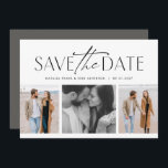 Reserve A Data Três fotos simples e elegantes em preto e branco<br><div class="desc">Este simples, mas elegante cartão de save the date de foto é a maneira perfeita de anunciar o seu noivado e casamento para amigos e familiares. A frente deste save the date apresenta um tratamento de tipo moderno em preto acima de uma colagem de três fotos. O verso é uma...</div>