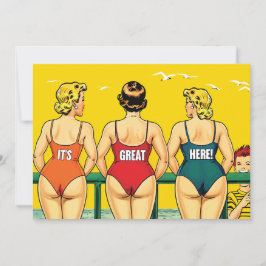 Reserve A Data Três lindas mulheres de biquíni numa praia, engraç