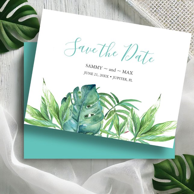 Reserve A Data Tropical Aquarela Não-Foto Salvar a Data (Save the dates watercolor tropical leaves destination weddings Victoria Grigaliunas DoTellABelle)