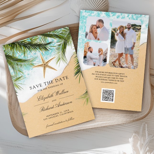 Reserve A Data Tropical Beach Palm Leaves Starfish Photo Wedding (Criador carregado)