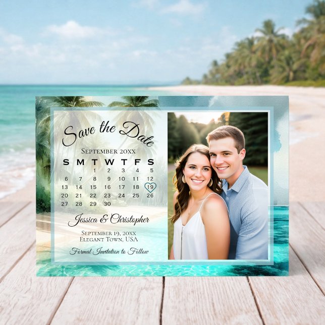 Reserve A Data Tropical Beach Watercolor Calendar & Photo Wedding (Criador carregado)