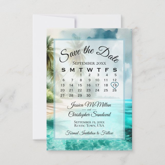 Reserve A Data Tropical Beach Watercolor Chic Calendar Wedding  (Frente)