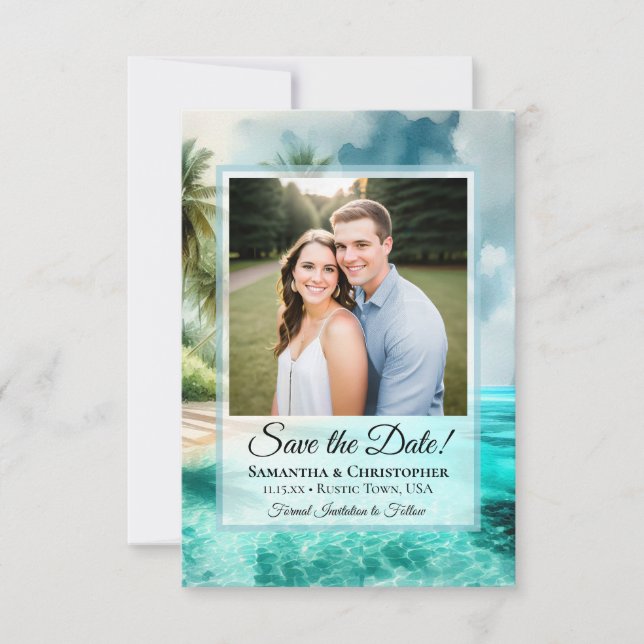 Reserve A Data Tropical Beach Watercolor & Photo Wedding (Frente)
