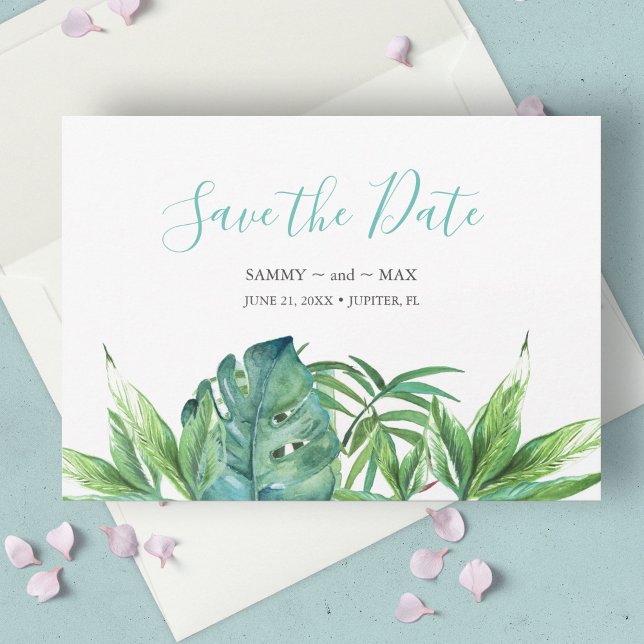 Reserve A Data Tropical Chic Aquarela Folhagem Salve a Data (tropical beach wedding save the date invitation card features watercolor tropical leaves, )