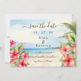 Reserve A Data Tropical Hibiscus Beach Flat Save The Date Card