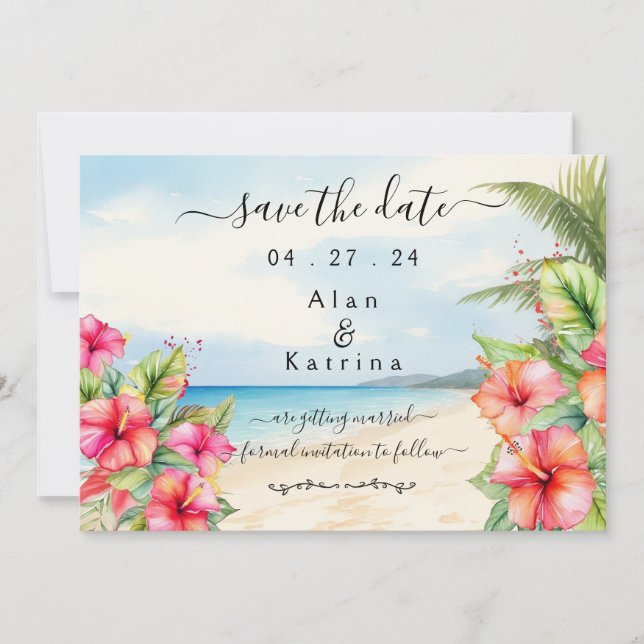Reserve A Data Tropical Hibiscus Beach Flat Save The Date Card (Frente)