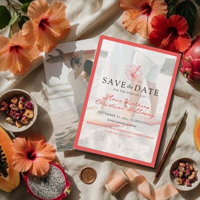 Reserve A Data Tropical Pink Hibiscus Double Sided Photo Wedding (Invite guests to your destination wedding day with this Tropical Pink Hibiscus Save the Date!)