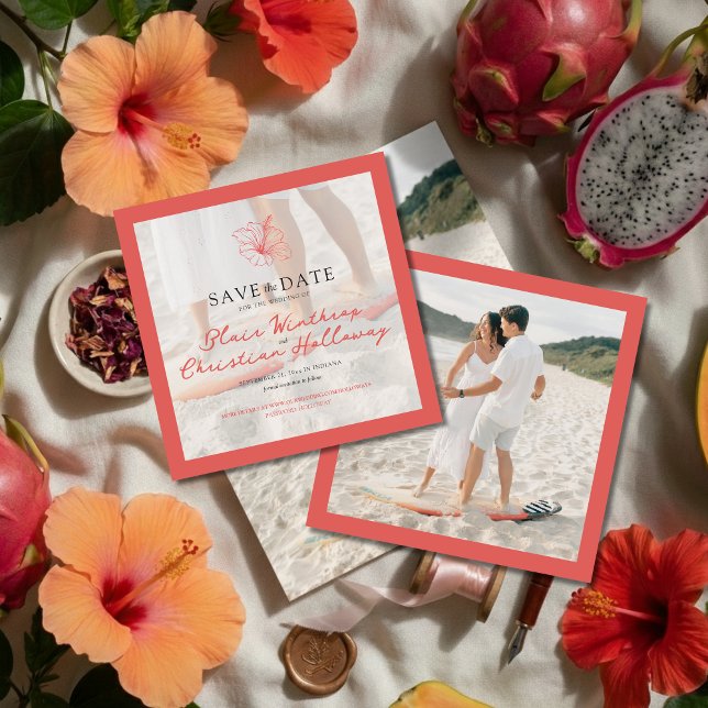 Reserve A Data Tropical Pink Hibiscus Double Sided Photo Wedding (Invite guests to your destination wedding day with this Tropical Pink Hibiscus Save the Date!)