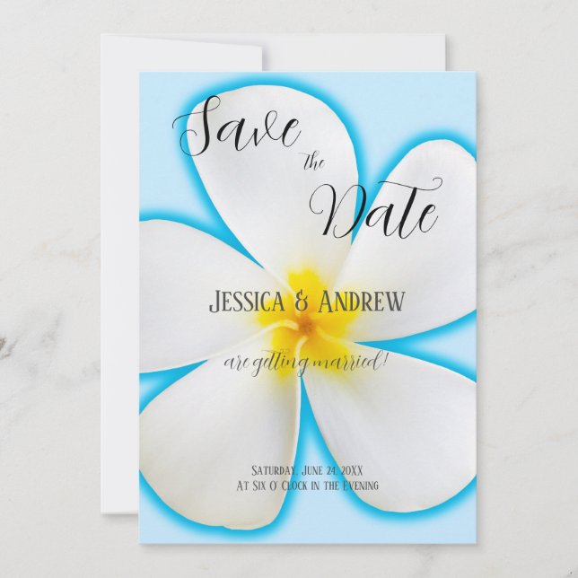 Reserve A Data Tropical, Plumeria Branca em Azul, Floral, Casamen (Frente)