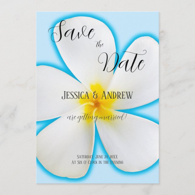Reserve A Data Tropical, Plumeria Branca no Azul, Floral, Casamen (Frente)