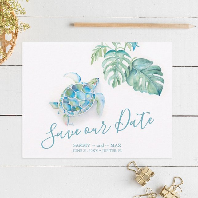 Reserve A Data Tropical Salve a data com a tartaruga do mar com a (Destination save the date invitations watercolor sea turtle palm leaf art Victoria Grigaliunas)
