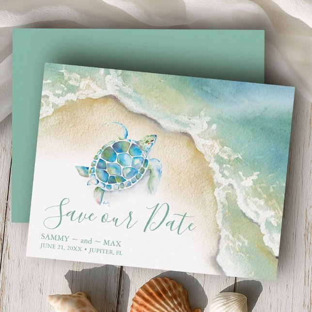 Reserve A Data Tropical Salve a Data com Tartaruga Marinha Aquare (Beach wedding save the dates watercolor sea turtle and ocean waves design by Victoria Grigaliunas)
