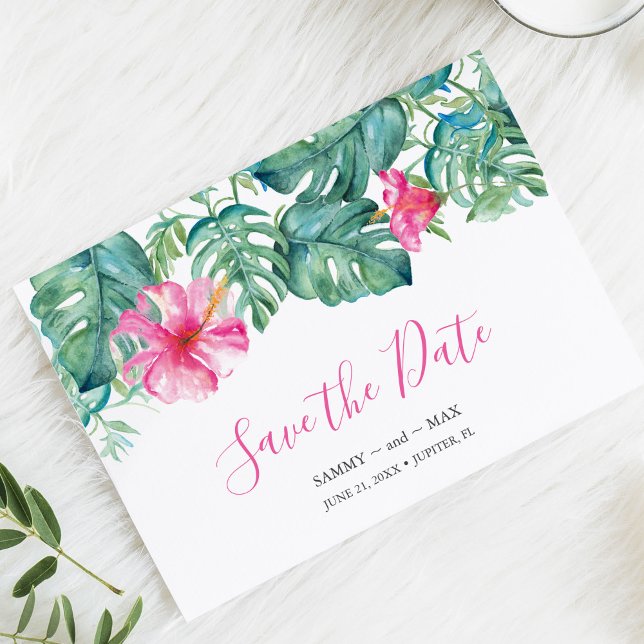 Reserve A Data Tropical Salve a data para casamento (Tropical destination save the date for wedding. Hand painted watercolor art by Victoria Grigaliunas)