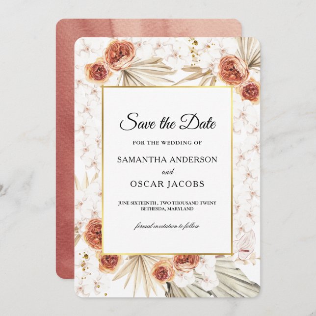 Reserve A Data Tropical Terracotta Seca Floral (Frente/Verso)