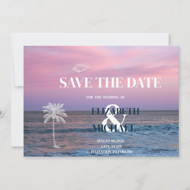 Reserve A Data Tropical Wedding Sunrise Ocean Beach Save The Date (Frente)