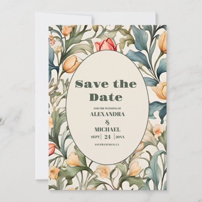 Reserve A Data Tulipas em Aquarela Casamento William Morris (Frente)