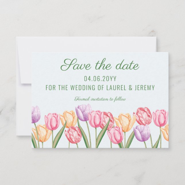 Reserve A Data Tulipas Flores Pastel Aquarela Casamento Primavera (Frente)