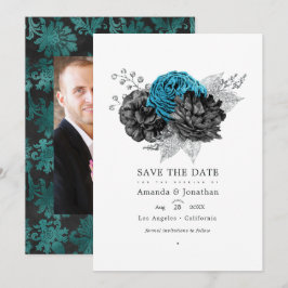 Reserve A Data Turquesa - Azul-marinho Preto e Casamento Floral P