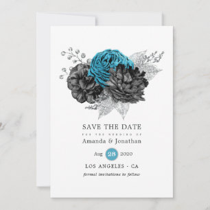 Reserve A Data Turquesa - Casamento Floral de Teal Black e Silver