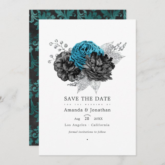 Reserve A Data Turquesa - Casamento Floral Preto e Prata (Frente/Verso)