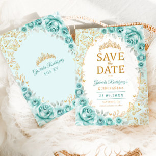 Reserve A Data Turquesa Dourado Floral Quinceanera