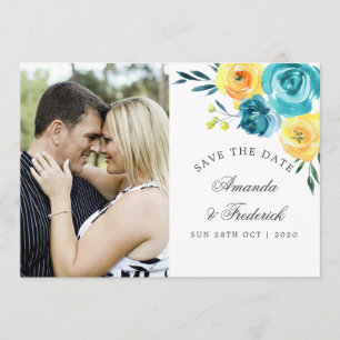 Reserve A Data Turquesa e Amarelo Floral Casamento Salve a Data