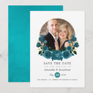 Reserve A Data Turquesa - Foto de casamento floral dourado e azul