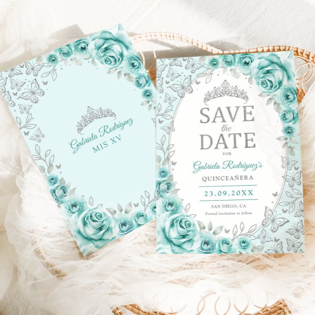 Reserve A Data Turquesa Prata Floral Quinceanera (Criador carregado)