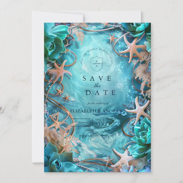 Reserve A Data Turquoise Starfish Ocean Wedding (Frente)