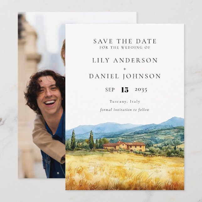 Reserve A Data Tuscany Italy Rustic Watercolor Photo Wedding (Frente/Verso)
