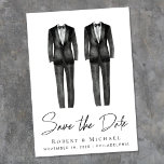 Reserve A Data Tuxedo Watercolor de Casamento Elegante Gay<br><div class="desc">Elegante e chic sem casamento com gay de fotos,  salve o anúncio de data com duas cores d'água e "Salve a Data" em um roteiro de na moda. Adicione seus nomes,  data de casamento e local na tipografia moderna.</div>