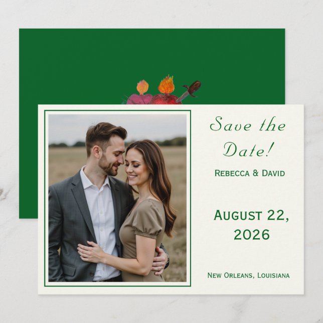 Reserve A Data Two Hearts Catholic Flat Save The Date Card (Frente/Verso)