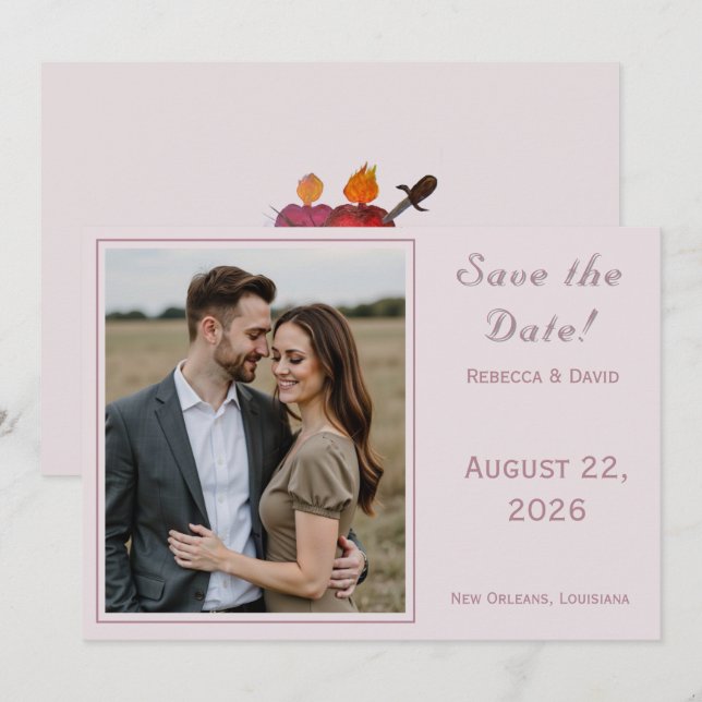 Reserve A Data Two Hearts Catholic Flat Save The Date Card (Frente/Verso)