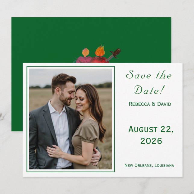 Reserve A Data Two Hearts Catholic Flat Save The Date Card (Frente/Verso)