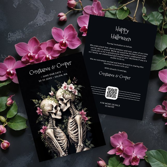 Reserve A Data Two Romantic Gothic Human Skeletons Embracing (Two Romantic Gothic Human Skeletons Embracing Surrounded By Lush Floral Arrangements Save the Dates.)