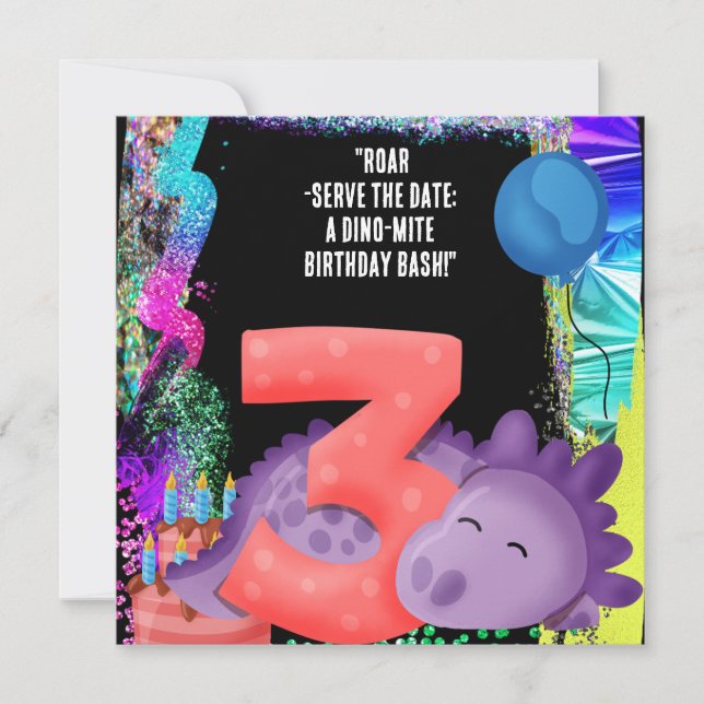 Reserve A Data Um Festa de aniversário de 3 anos de Dinossauro (Frente)