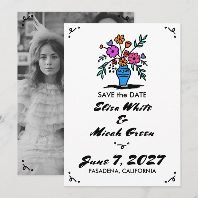 Reserve A Data Vaso de Flores Rústico Caprichoso Fofo Esboço Foto (Frente/Verso)