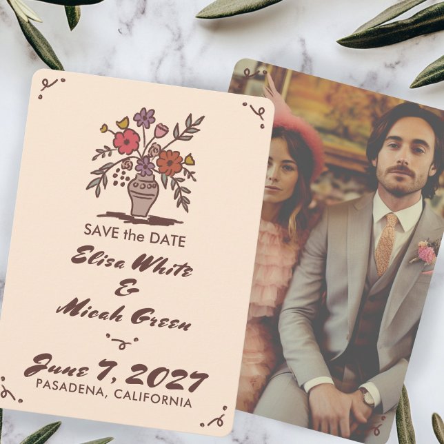 Reserve A Data Vaso Floral Rústico Caprichoso Esboço Foto Persona (Floral Vase Rustic Whimsical Sketch Custom Photo Save The Date
)