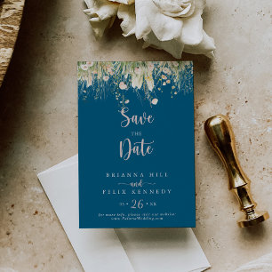 Reserve A Data Vegetação Boho Flor Silvestre Azul Marinho Casamen