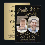 Reserve A Data Veja quem tem 50 fotos Douradas e pretas 2<br><div class="desc">Olha quem faz 50 anos! Convide familiares e amigos para uma próxima comemoração de 50 anos com fotos personalizadas para salvar os convites de festas de data. Imagens e textos neste modelo são simples de personalizar. (DICA DE IMAGEM: Uma maneira fácil de posicionar uma foto exatamente como você deseja é...</div>