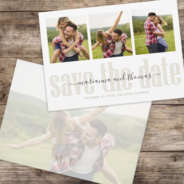 Reserve A Data Vellum Script Na moda Multi Photo (Simple multi photo save-the-date photo card with stylish calligraphy and block-style lettering. )