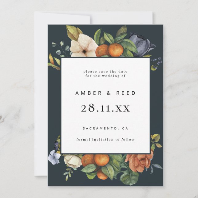 Reserve A Data Verão Azul Laranja Floral Botânico Boho (Frente)