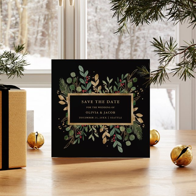 Reserve A Data Verde dourado em Preto | Foto de Natal (A festive and elegant save the date card, with your photo on the back)
