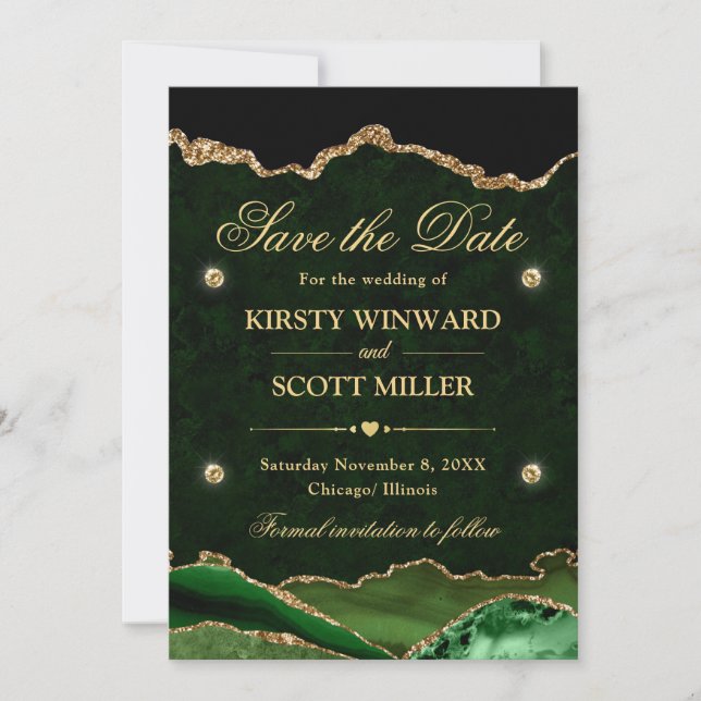 Reserve A Data Verde e Dourado  Save the Date com Brilho em Mármo (Frente)