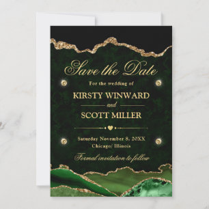 Reserve A Data Verde e Dourado Save the Date com Brilho em Mármo